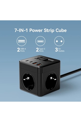 Xuweiwei Siyah 1.5 Metre Uzatma Kablosu 3 Ac Çıkışlı 2 Usb Portlu 2 Type-c Portlu Zamanlayıcılı 7si 1 Arada Ab Güç Şeridi Ev Ofis Seyahat İçin