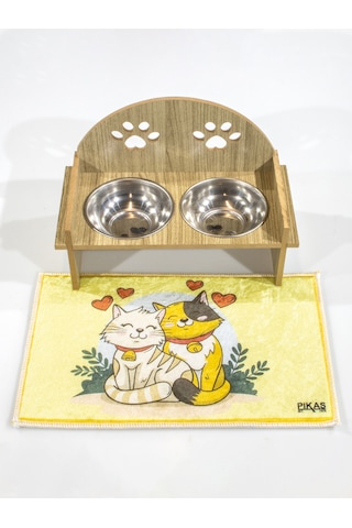 Oval Pati Desenli Ahşap İkili Çelik Kaseli Kedi Su ve Mama Kabı