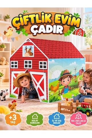 Çiftlik Evi Temalı Çocuk Çadırı Tek Yönlü Pencereli Hayal Evi 100 X 100 Cm Eğlenceli Oyuncak Çadır Çok Renkli