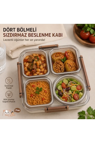Sosluklu 4 Bölmeli Gıdaya Uygun Plastik Yemek Kabı Sızdırmaz Kapaklı Taşınabilir Diyet Beslenme Kabı 611 1800ml Gri - Sarı