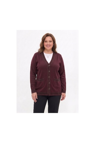 Onno Style Women Bantı Hasır Desenli Çelik Örgü Klasik Triko Ceket Bordo