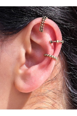 Vintage Antik 3'lü Deliksiz Ear Cuff Ayarlanabilir Kıkırdak Küpe Seti Eukk6 Sarı