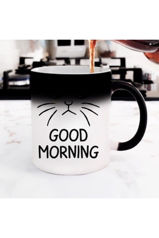 Good Morning Kedi Tasarımlı Sihirli Kupa Saydam