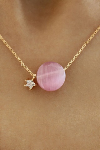 Pembe Doğal Taş Bonibon Kolye Gold