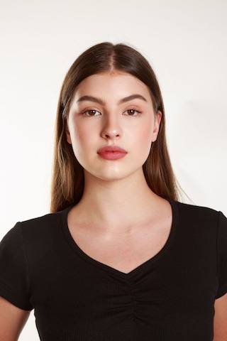 Kadın Fitted Crop Ön Yaka Bözgülü Fitilli Kollu Tshirt Atlet Bluz Siyah