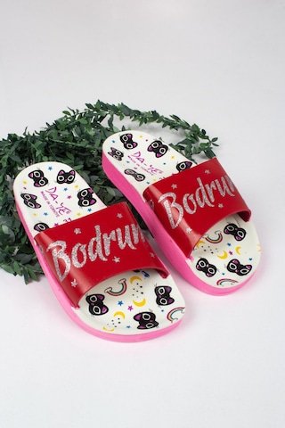 Kız Çocuk Minik Kedi Temalı Bodrum Yazılı Terlik-5792-kırmızı Kırmızı