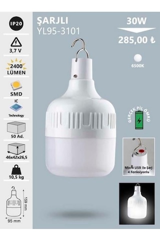 Noas Yl95-3101 30w Şarjlı Led Torch Ampul E27 Beyaz Işık 6500k 220v Rastlamak