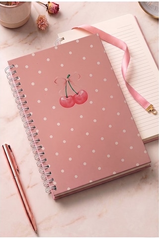 Kiraz Desenli Pembe Sert Kapak Spiralli Çizgili Defter 17x24cm 120 Yaprak 1 Adet Not Defteri Okul Büro Ofis Defteri