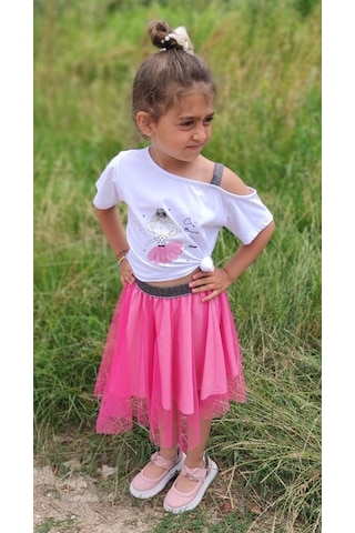 Novy Baby Tüllü Etek Düşük Omuzlu Tshirt Kız Çocuk 2'li Takım - 2-9 Yaş