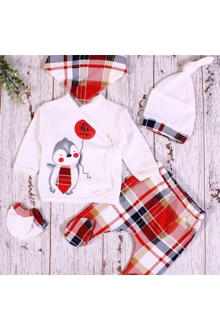 Yeni Doğan Ekose Penguen Fularlı 5'li Erkek Bebek Takımı Kırmızı Kırmızı