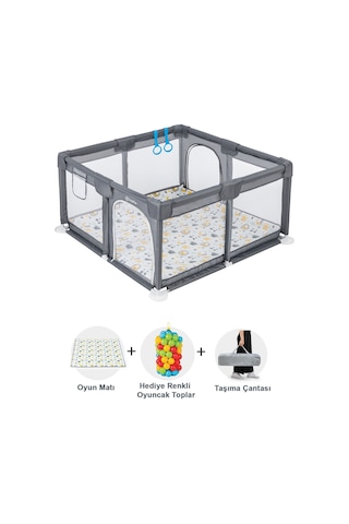 Original Playard Plus Güvenli Bebek Ve Çocuk Oyun Alanı Oyun Parkı 120x120 Oyun Matı Ve Topları Gri