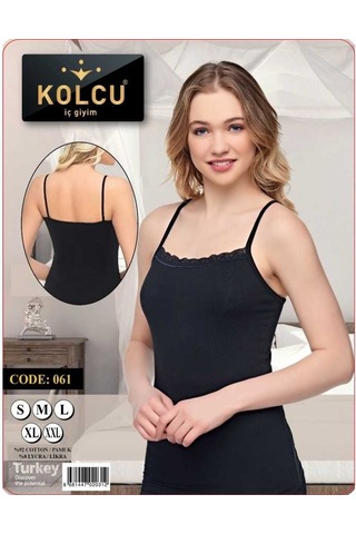 Kolcu İnce Askılı Dantelli Likralı Atlet Kb2521 Siyah