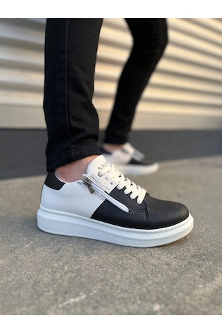 Mevese Roirraw Bağcıklı Ve Fermuarlı Cilt Erkek Günlük Sneaker Ayakkabı - Beyaz Siyah Desenli