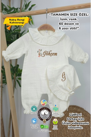 Gros Shop Müslin Yeni Doğan 4katlı Organik %100pamuk Kişiye Özgü Nakışlı Hastane Çıkış Seti Ördek Model-1 Ekru