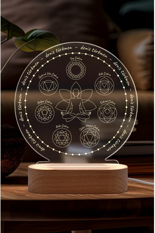 Yoga Çakra Sembollü Kişiye Özel Ledli Gece Lambası Masif Ahşap Tabanlı Usb Kablolu Pleksi Led Gece Lambası