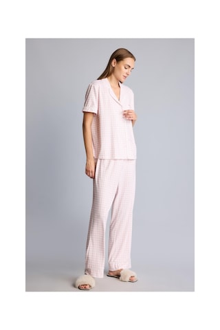 Defacto Regular Fit Kısa Kollu Pötikare Desenli Düğmeli Pijama Takımı H5759ax26aupn440 Pembe-pn440