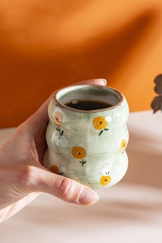 Rivaistanbul Yeşil Çiçek Amore El Yapımı Seramik Double Kahve Bardağı Mug Kupa Krem