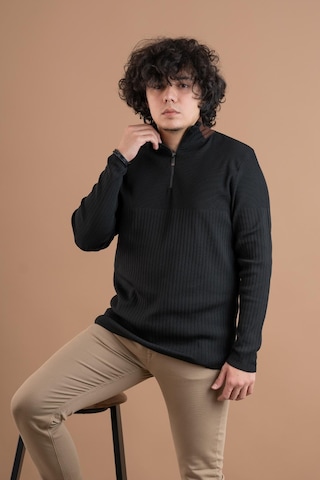 Fermuar Yaka Yarım Balıkçı Likralı Erkek Sweatshirt Siyah