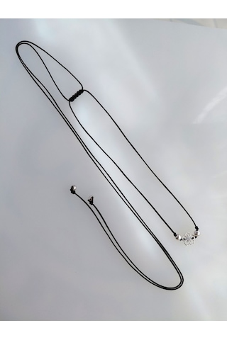 925 Ayar Gümüş Zirkon Taşlı Siyah Lotus Çiçek Tasarım Choker Kadın Kolye
