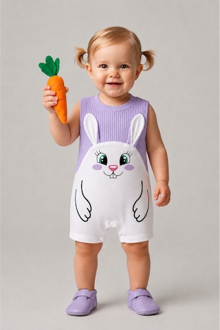 Babyden's Kız Bebek Tulum Yazlık %100 Pamuk Ribana Kolsuz Tavşan Baskılı Çıtçıtlı Bebek Tulumu 0-9 Ay Lila
