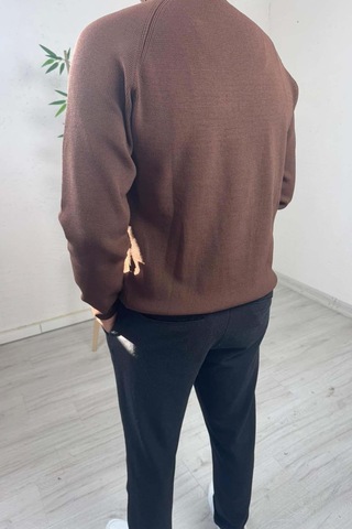 Explode - Erkek Kahve Bisiklet Yaka Slim Kazak Kahverengi