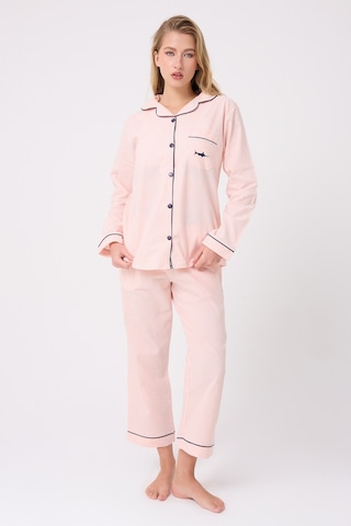 Lespadon Marısılk Seastrıpe Premium Dokuma Uzun Kollu Crop Pantolonlu Kadın Pijama & Lounge Takımı-3199 Pembe