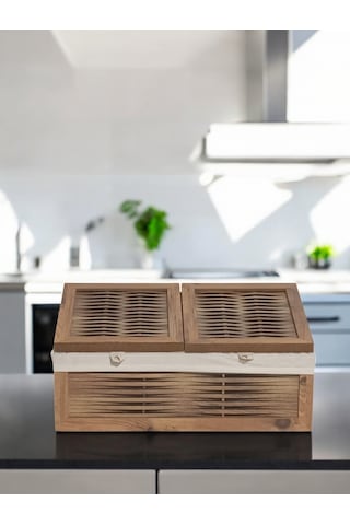 Ahşap 2 Kapaklı Ekmek Sepeti Yıkanabilir Kumaşlı Atlantik Çam Ahşap