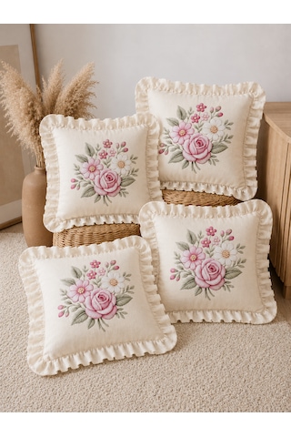 4'lü Fırfırlı Çiçek Desenli Dekoratif Kırlent Kılıfı %100 Pamuk Organik Boya Baskılı 45x45 Cm Şeffaf