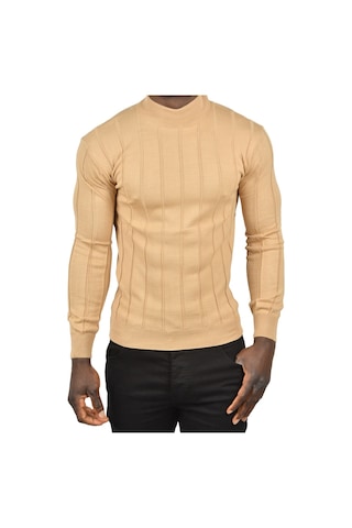 Deepsea Erkek Camel Slim Fit Likralı Tüylenme Yapmayan Yarım Balıkçı Çizgili Triko Yarım Boğazlı Kazak 2505503 Camel