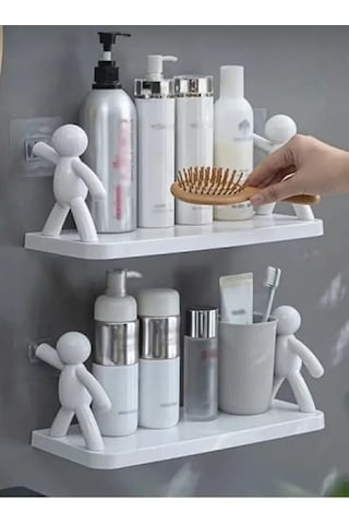 Sevimli İnsan Figürlü Duvar Rafı Kendinden Yapışkanlı Banyo, Mutfak Ve Ofis Dekoratif Organizer Raf 1 Adet 50 x 22