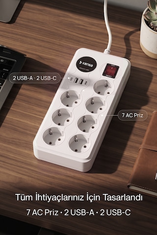 Akım Korumalı Priz 7'li + 2x Usb-a + 2x Usb-c 2 Metre Kablo 0 - 2 M