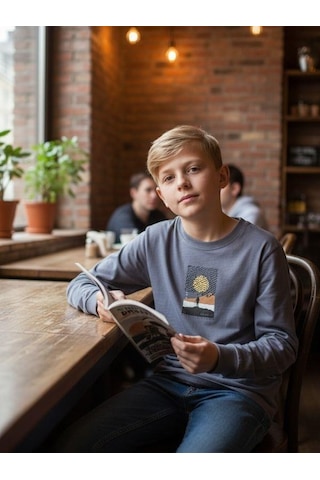 Zekids Erkek Çocuk Pamuklu Manzara Baskılı İnce Uzun Kollu Sweatshirt-16341 Gri