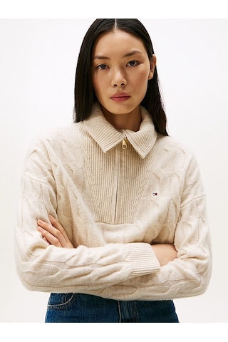 Tommy Hilfiger Soft Wool Cable 1/2 Zıp Ls Swt Kadın Bej Sweatshirt - Ww0ww46425 Bej