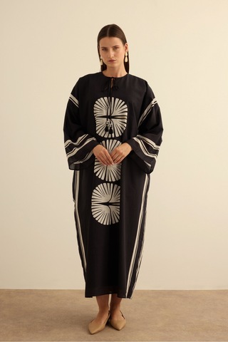Aker Geometrik Desenli Cotton Yaz Serinliği Kimono Siyah Siyah