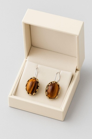 Lale Serisi El İşi Kahverengi Kaplangözü Taşlı Gümüş Kadın Küpe Gümüş