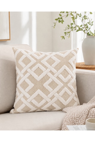 Maze 43x43 Cm Dekoratif Kırlent Kılıfı Geometrik Dokulu Modern Koltuk Yastık Kılıfı Bej