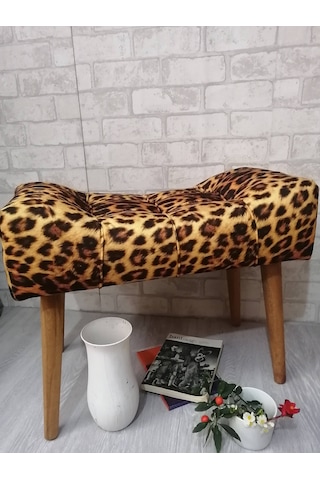 Puf . Leopar Desenli Ahşap Ayak Çima Dikiş Spor Modern Tasa