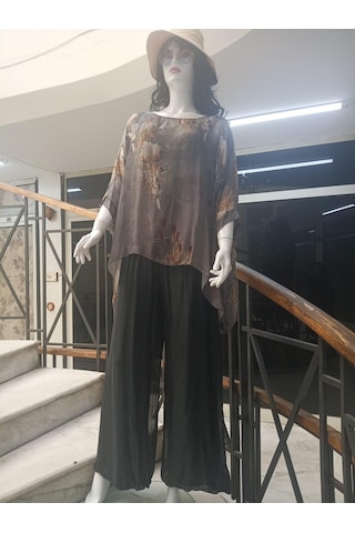 Bohem Stil İtalyan Dijital Çiçek Baskılı Özel Tasarım İpek Bluz- Pantolon Takım-8790 Gri