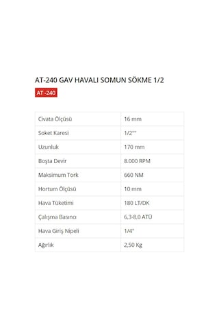 Gav At-240 1/2 Havalı Somun Sökme Tabanca