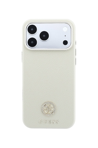 Apple iPhone Uyumlu 18 Pro Max Kılıf Guess Lisanslı M-safe Özellikli Pu Taşlı Metal 4g Ve Yazı Logolu Kapak Bej