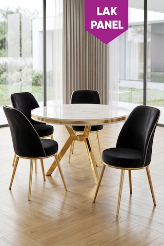 Natre Serisi 90x90 Lak Panel Beyaz Mermer Desen Gold Ayaklı Mutfak Masası Takımı Ve 4 Sandalye Beyaz Mermer Masa Siyah Sandalye