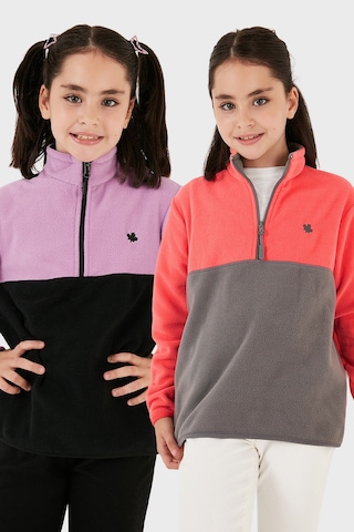 Lela Yumuşak Dokulu Yarım Fermuarlı Renk Bloklu Dik Yaka 2'Li Paket Çocuk Polar 5905004S2 Lila Siyah-Somon Gri