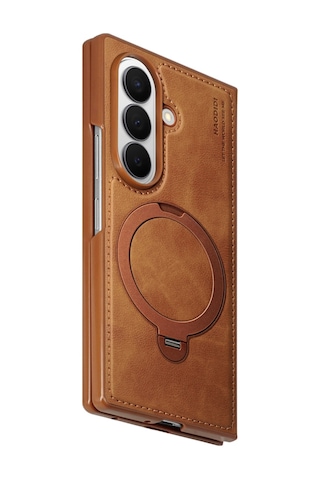 Samsung Galaxy Uyumlu Z Fold 8 Ultra Kılıf Ring M-safe Şarj Özellikli High Pu Deri Hdd Hbc-386 Skafta Case Kahverengi