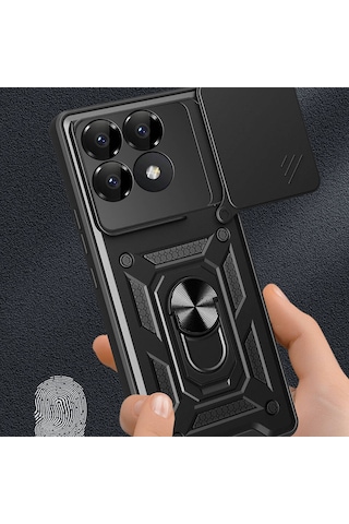 Xiaomi Poco F6 Pro Kılıf Magnetik Standlı Kamera Korumalı Zore Sürgülü Vega Kapak Mavi