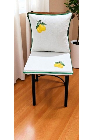 El Yapımı Buldan Yıkanmıs Keten Limon Nakıslı Biyeli Sandalye Minderi Naturel