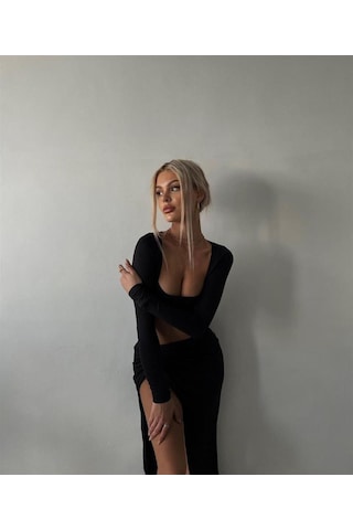 Pink Life Siyah Derin Yırtmaçlı Bel Dekolteli Sandy Kumaş Midi Elbise Siyah