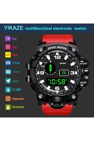 Erkek Modası Saati, Spor Elektronik Kol Saati, Büyük Kadranlı, Çok Fonksiyonlu, Su Geçirmez, Fosforlu Alarm Özellikli, Çocuk Ve Erkek Askeri Saati Kırmızı - Siyah