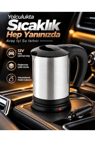 12v Araç Çakmak Girişli Paslanmaz Çelik Araç İçi Su Isıtıcı Seyah