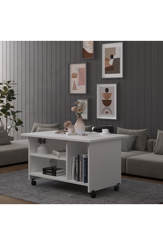 Asra Trend Orta Sehpa OS001 %100 MDF Tekerlekli İki Katlı Geniş Raf Takımı Beyaz