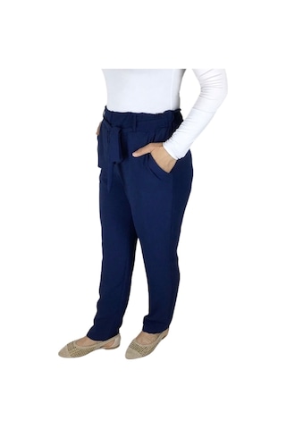 Kadın Beli Lastikli Kuşaklı Cepli Dar Paça Ayrobin Pantolon Lacivert